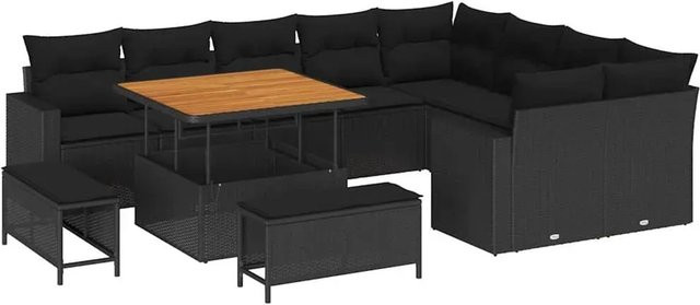 vidaXL Garten-Sofa-Set aus Polyrattan in Schwarz, 12-teiliges L-Shape Outdoor-Möbelset mit Eckelementen, Ottomane, 2-Sitzer-Sofa und Couchtisch inklusive Polsterkissen - Bild 1
