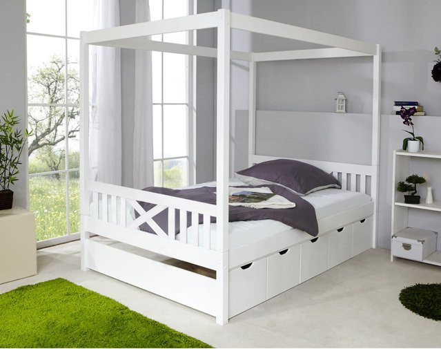 TiCAA Himmelbett Lino aus Kiefer massiv in Weiß, B/T/H: 140 x 200 cm - Bild 1