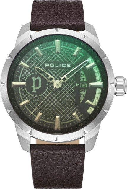 Police Herrenuhr, Quarz, Edelstahl, 46 mm, Leder, Grün, 5 ATM - Bild 1