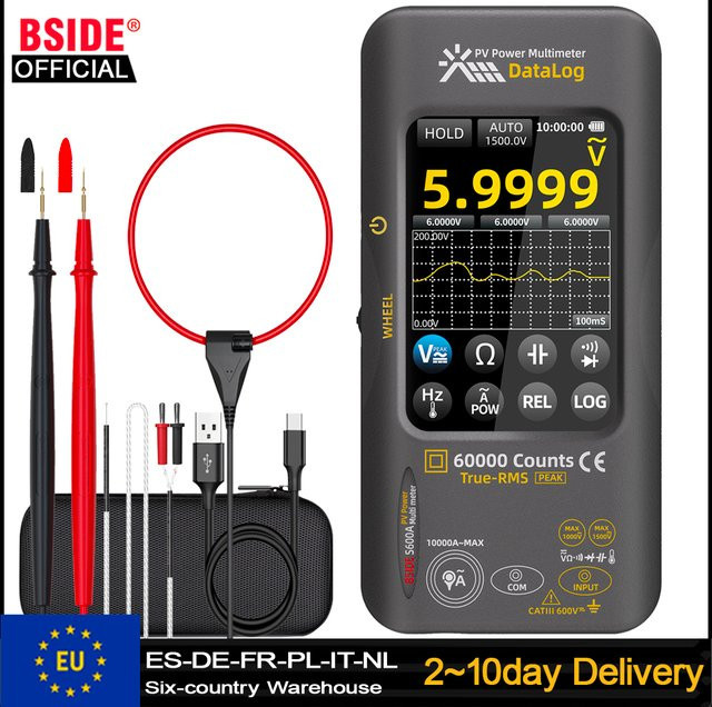 BSIDE PV Digital-Multimeter mit 60.000 Messwerten, Multitester zur Leistungsmessung mit 10.000A flexiblem AC-Klemmdraht, Datenaufzeichnungsgerät mit 3,98 Zoll Touch-LCD, 1500VDC/1000VAC, Farbe: Schwarz - Bild 1