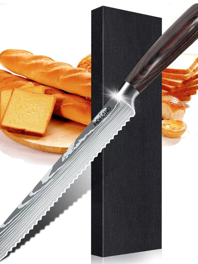 ZENG Brotmesser aus Edelstahl mit 25,4 cm Klingenlänge, gezahntes Messer mit Lasermuster und braunem Holzgriff - Bild 6