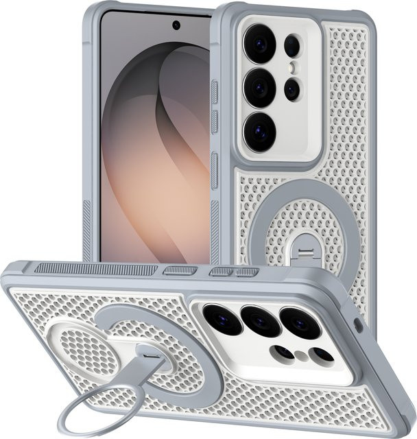 Eurynome Schutzhülle für Samsung Galaxy S26 Ultra und S26 Plus mit 360-Grad-Rotationsring, magnetischer Wärmeableitung und atmungsaktivem Netz in Orange - Bild 1