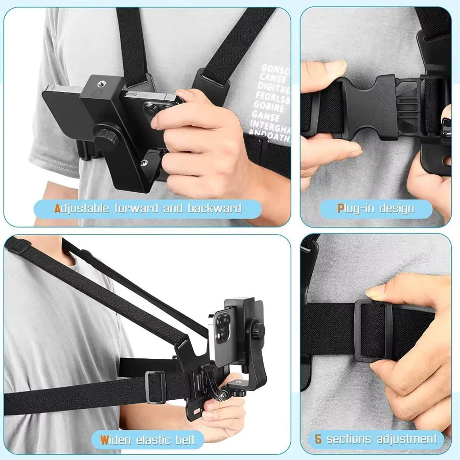 Verstellbarer Telefon-Clip-Halter mit Brustgurt-Befestigung für Sportkameras und Handys in Schwarz - Bild 4