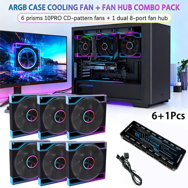 AuyiHomu Prism 10PRO ARGB Gaming-Lüfter Set in Schwarz, 7-teilig mit 6 Lüftern und 1 Hub, PWM Sync und Temperaturregelung für deine PC-Gehäusekühlung - Bild 1