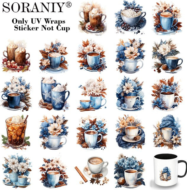 24er Set UV-DTF-Transferaufkleber mit Winter-Kaffee-Motiv in Multicolour für deine DIY-Wasserbecher - Bild 1