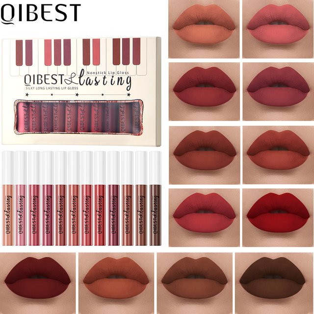 QIBEST Lippenstift, 12 Stück Set, Matt, Nude, Flüssig - Bild 1