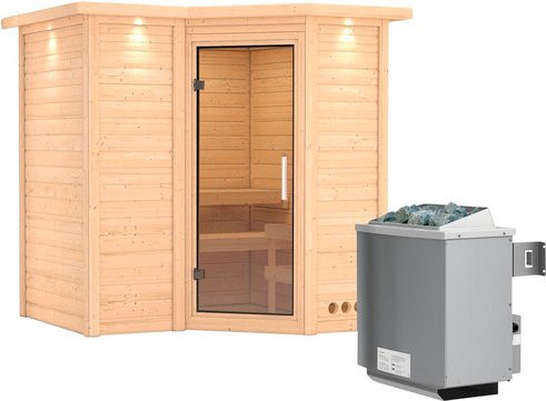 Karibu Sauna Riga 1 aus Fichtenholz in Beige inklusive 9 kW Saunaofen mit integrierter Steuerung für 3 Personen, B/T/H: 198 x 212 x 221 cm - Bild 1