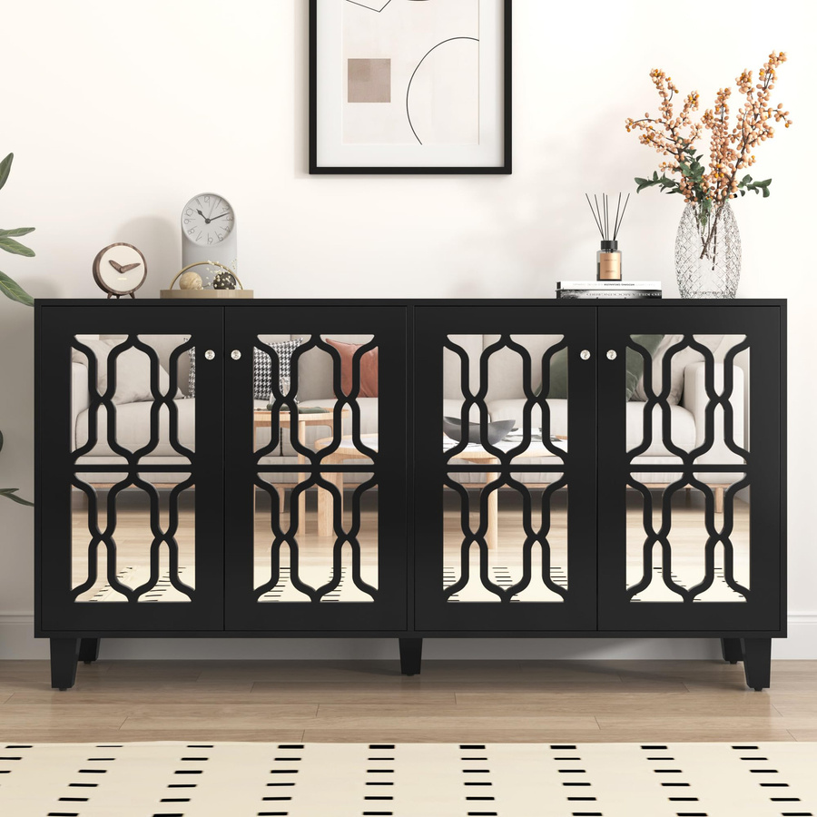 Moderne Sideboard Kommode von Flieks mit Spiegel und 4 Türen in Schwarz, B/H/T: 160 x 84 x 40 cm - Bild 4
