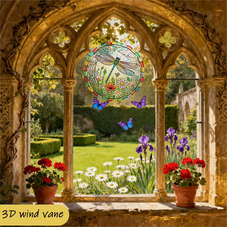 Flenco 3D Windspiel Libellen und Blumen aus Metall in Bunt für die Gartendekoration, B/H: 25,4 x 35,56 cm - Bild 4