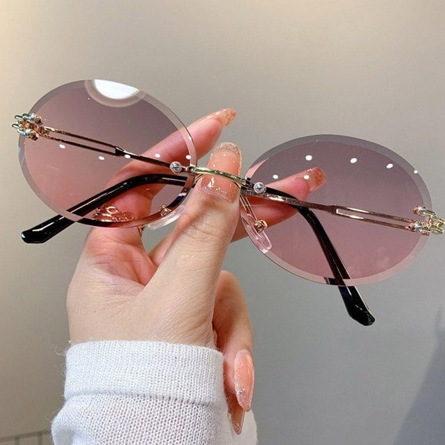 Ovale Sonnenbrille, randlos, Metall, Unisex, Grey Pink Brown - Bild 1