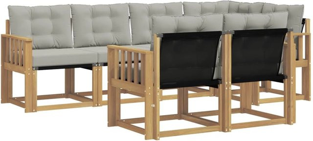 vidaXL Outdoor-Sofagarnitur 7-teilig in L-Form aus Akazienholz und Textilene mit Kissen in Weiß und Hellgrau - Bild 1