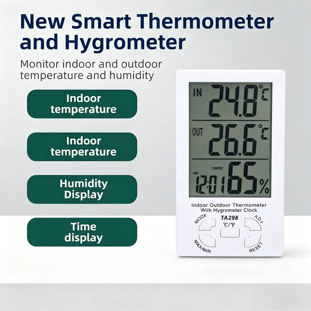 Gaqqee Digitales Innen- und Außenthermometer Hygrometer mit 1,5m wasserdichter Sonde, Temperatur- und Feuchtigkeitsmonitor mit Uhr, Weiß - Bild 1