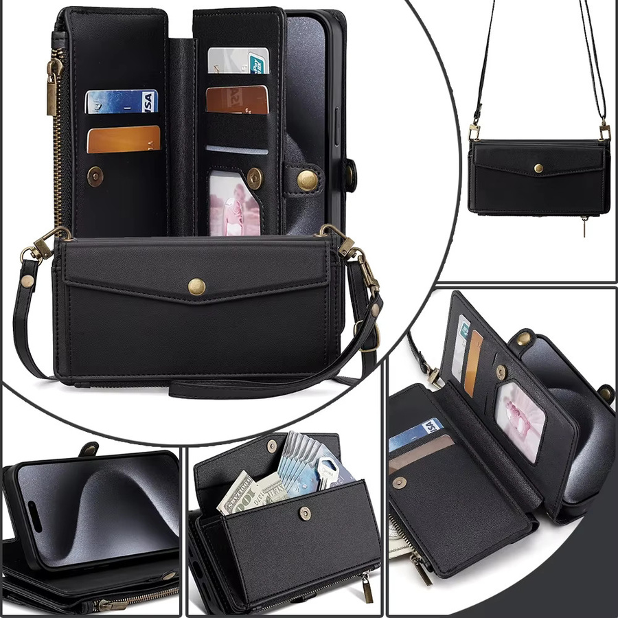 Lederne Brieftasche-Schutzhülle mit Standfunktion und Umhängetaschen-Design für iPhone Modelle in Schwarz - Bild 2