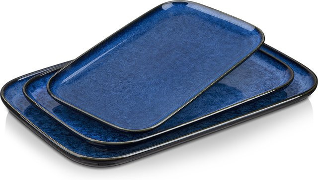 Vancasso Servierteller-Set aus Steinzeug in Blau, rechteckige Speise-, Kuchen- und Dessertteller - Bild 1