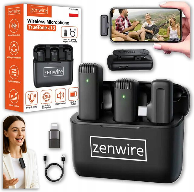 Zenwire J13 Kabelloses Bluetooth Mikrofon mit USB-C Anschluss, Kapazitiv, Schwarz - Bild 1