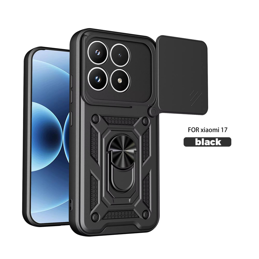 Xiaomi 17 Panzer-Handyhülle mit magnetischem Ringhalter und Schiebe-Kameraschutz in Schwarz - Bild 2