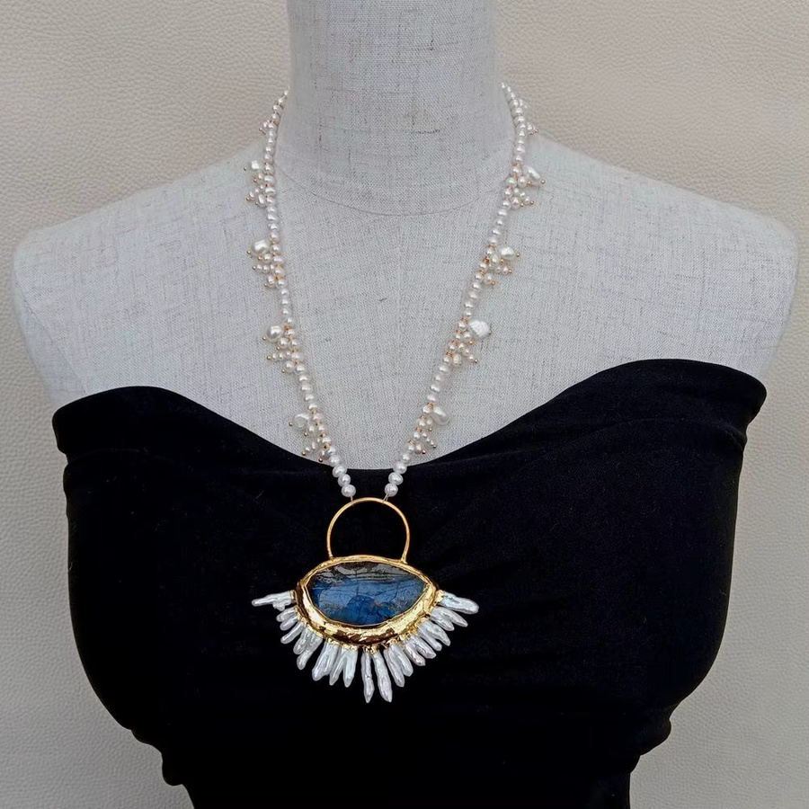 YYGEM Perlenkette, Blauer Labradorit, Keshi-Perlen, Messing, Gold, Damen - Bild 2