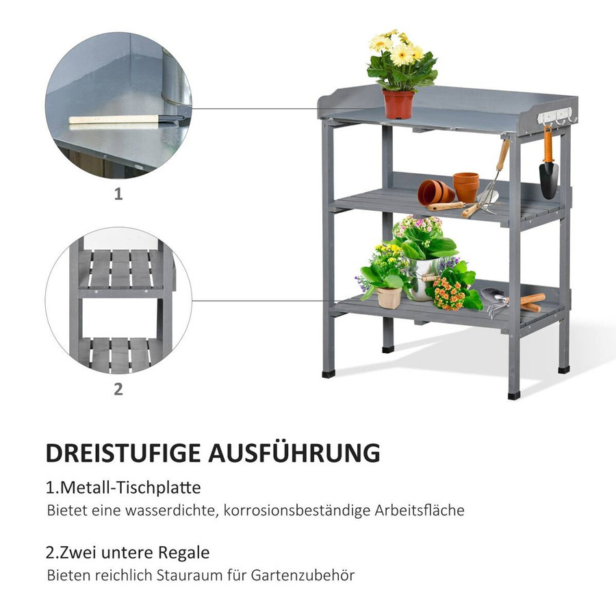Outsunny Pflanztisch aus Tannenholz und Metall in Grau, B: 37 cm, T: 76 cm, H: 89 cm - Bild 3