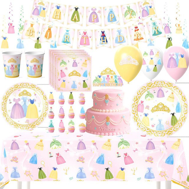 Potdemiel Prinzessinnenkleid Mädchen Geburtstagsparty Deko-Set mit Ballons, Papptellern, Servietten und Tischdecke für die Babyparty - Bild 1