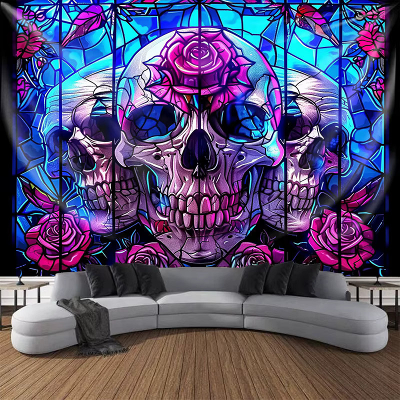 VIKAMA Gothic Rose Skull Wandteppich mit floralem Design in Multicolour, B/H: 60 x 40 cm - Bild 2