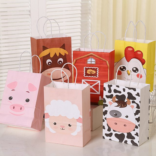 6er Set Kraftpapier-Geschenktüten mit Bauernhof- und Tier-Motiv für Kindergeburtstage in Mehrfarbig - Bild 1