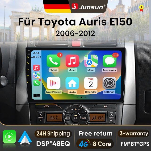 Junsun Android 15 Autoradio für Toyota Auris E150 2006-2012 mit 9 Zoll IPS-Bildschirm, kabelloses Apple CarPlay und Stereo-Multimedia-Videoplayer in Schwarz - Bild 1