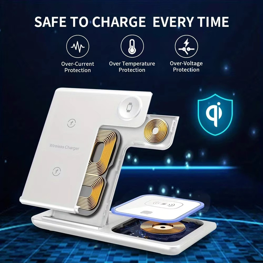 3-in-1 kabelloses Ladegerät mit LED-Licht und faltbarem Telefonständer für Apple iPhone, Apple Watch und AirPods in Schwarz - Bild 3