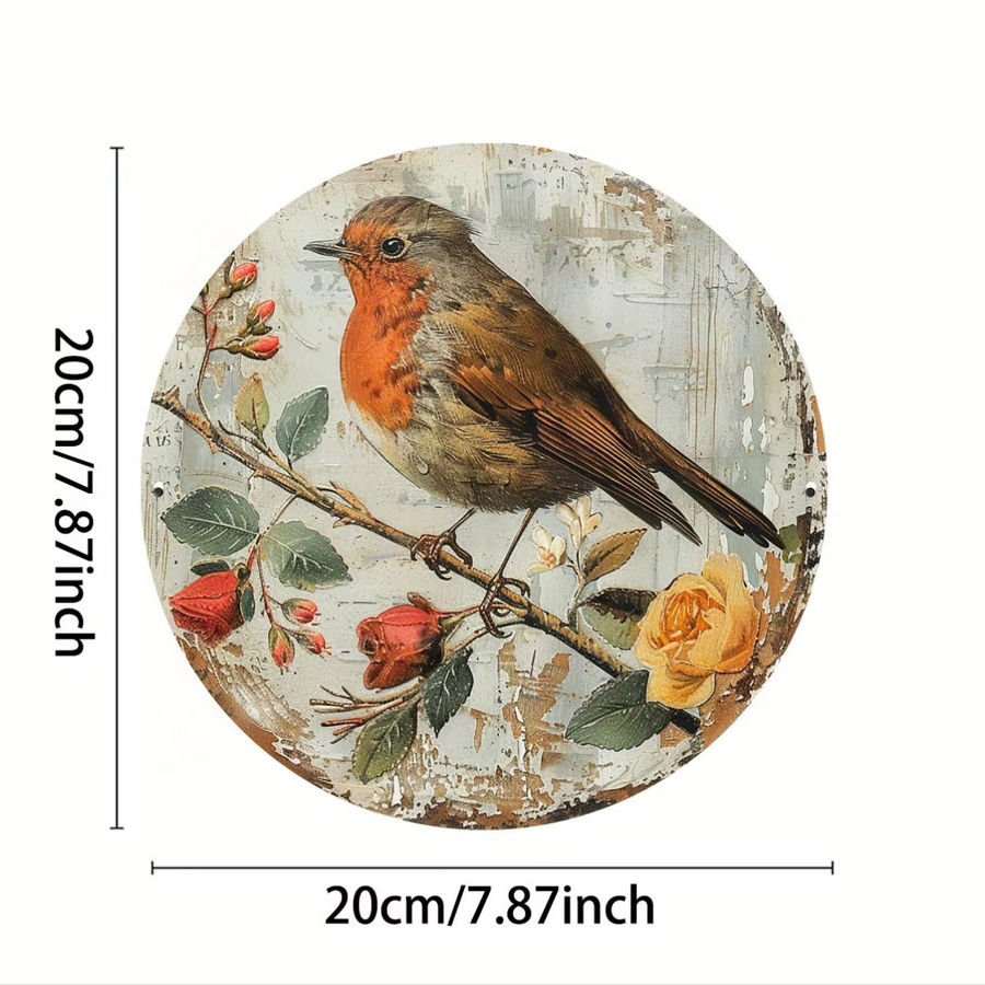 Potdemiel Rundes Aluminiumschild mit Vintage-Robin-Vogel-Motiv, Durchmesser: 20,32 cm, Mehrfarbig - Bild 2