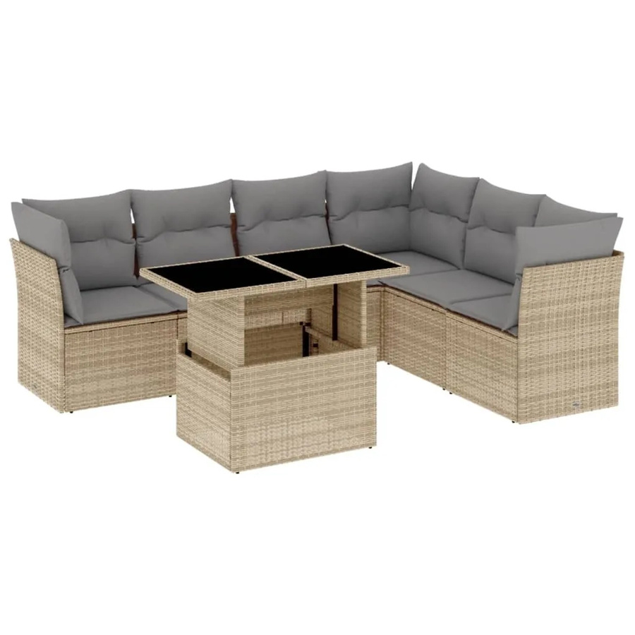 vidaXL 7-tlg Garten-Sofagarnitur in L-Form aus beige Poly Rattan mit Tisch und Kissen - Bild 2