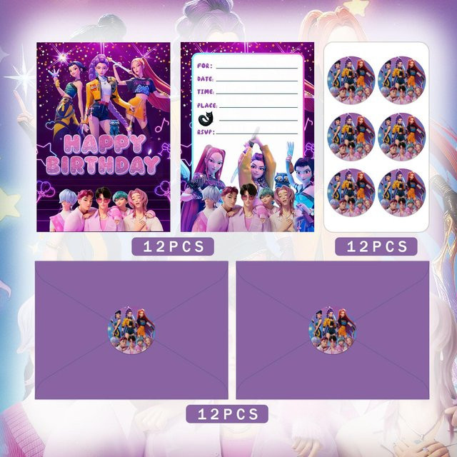 12 Stück Kpop Dämonenjäger Einladungskarten für Geburtstag und Weihnachtsfeier in Lila von Discover Intime - Bild 1