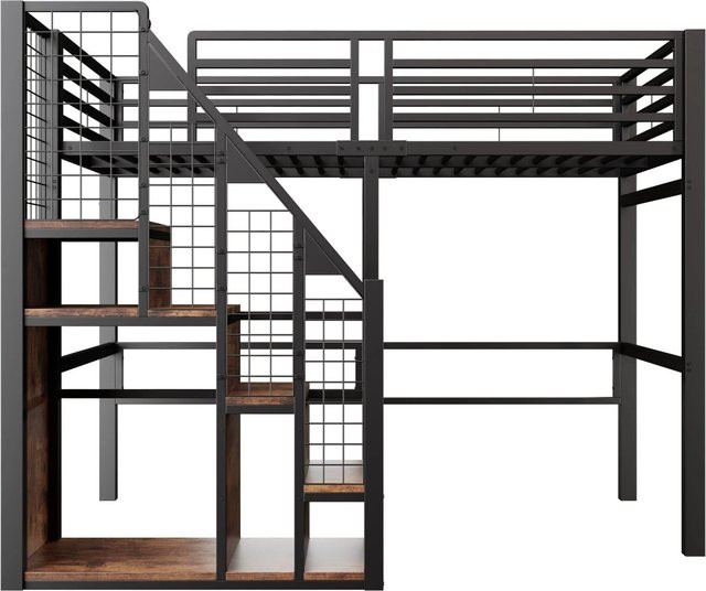 Merax Hochbett aus Metall und MDF mit Treppe und Ablage, Schwarz, B/T/H: 90 x 200 x 168,5 cm - Bild 1