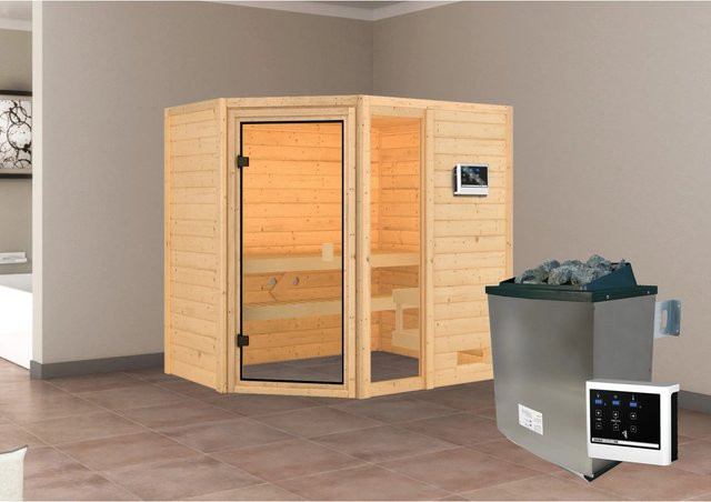 Karibu Massivholzsauna Jada aus Fichte in Natur mit 9.0 kW Ofen und externem Steuergerät B/T/H: 224 x 160 x 196 cm - Bild 1