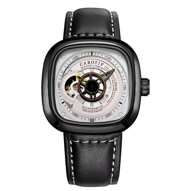 CAROTIF Armbanduhr, Automatik, eckig, Leder, Schwarz, Weiß, Herren - Bild 6