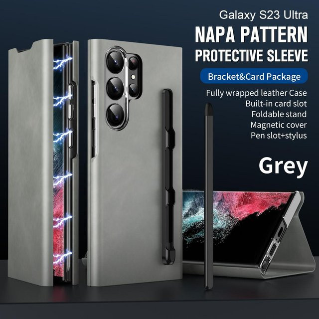 Samsung Leder-Flip-Hülle mit S Pen-Halter und Kartenclip für Galaxy S23 Ultra, S22 Plus und S21 in Grau - Bild 1