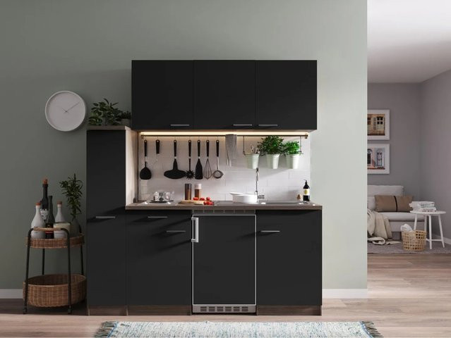 Respekta Singleküche Oliver mit E-Geräten, Schwarz, Eiche York Nachbildung, B/T/H: 180 x 60 x 145,8 cm - Bild 1