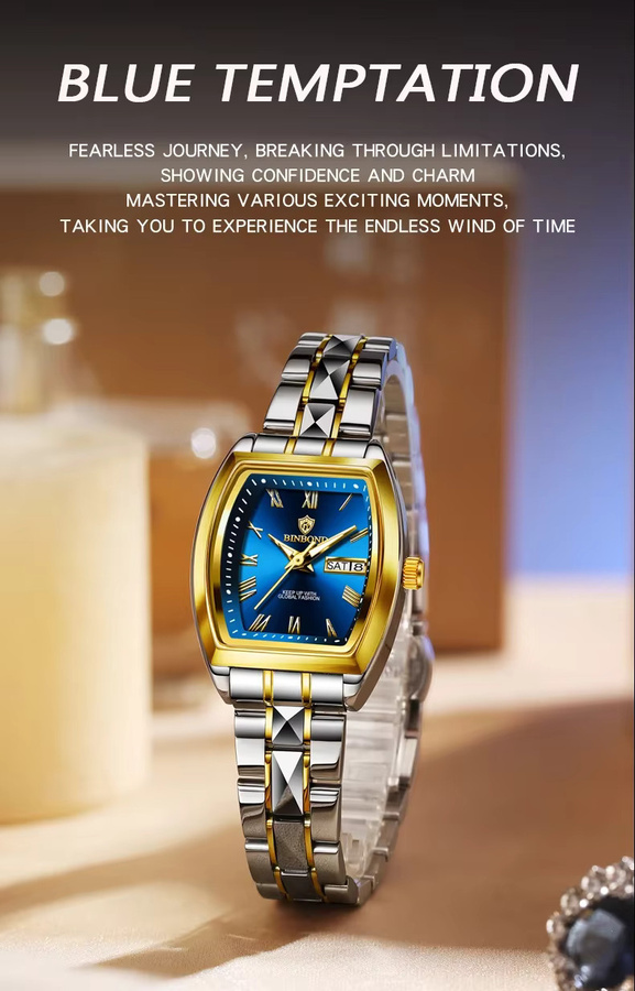 BINBOND Armbanduhr, Quarz, Edelstahl, Gold, Blau, Eckig, Unisex - Bild 3