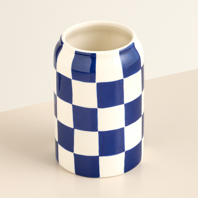 Keramik Vase Blume2000 modern in Weiß/Blau Karriert für den Tisch, Höhe: 16,0 cm - Bild 1
