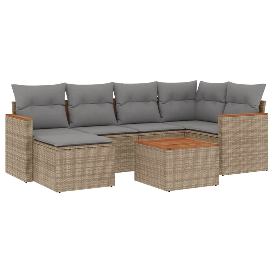 vidaXL 7-tlg Garten-Sofagarnitur in L-Form aus Poly-Rattan und Akazienholz mit Kissen in Beige - Bild 2