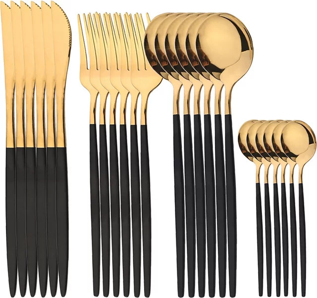 AJOYOUS 24-teiliges Besteckset aus Edelstahl, beschichtet in Schwarz, Silber oder Gold, bestehend aus Gabel, Messer und Löffel - Bild 1