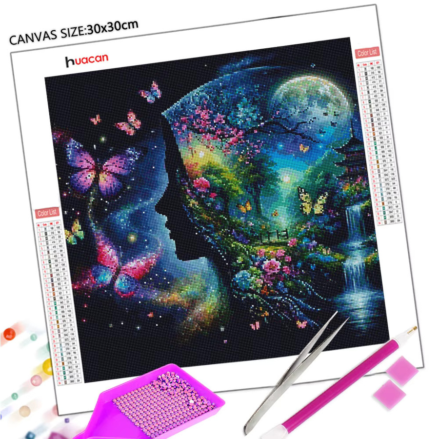 Huacan Diamantmalerei Set mit Porträt einer Frau in einer Wasserfall-Landschaft, Multicolour, Wanddekoration - Bild 2