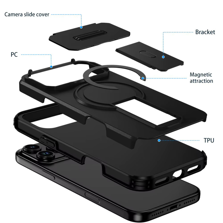 Magnetische Schutzhülle mit Slide-Kamera-Abdeckung und Kickstand für iPhone 11 bis iPhone 17 Pro Max in Schwarz - Bild 6