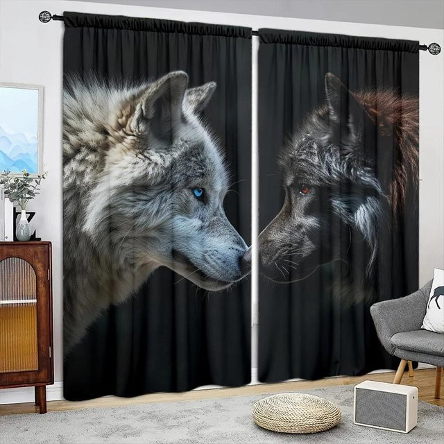 2er-Set bedruckte Vorhänge mit Wolf-Motiv in Weiß und Schwarz von Household supplies MH, semi-transparent, Breite: 107 cm, Höhe: 213 cm - Bild 1