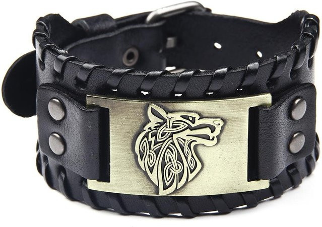 Lederarmband Herren, Wolfsmotiv, Schwarz - Bild 1
