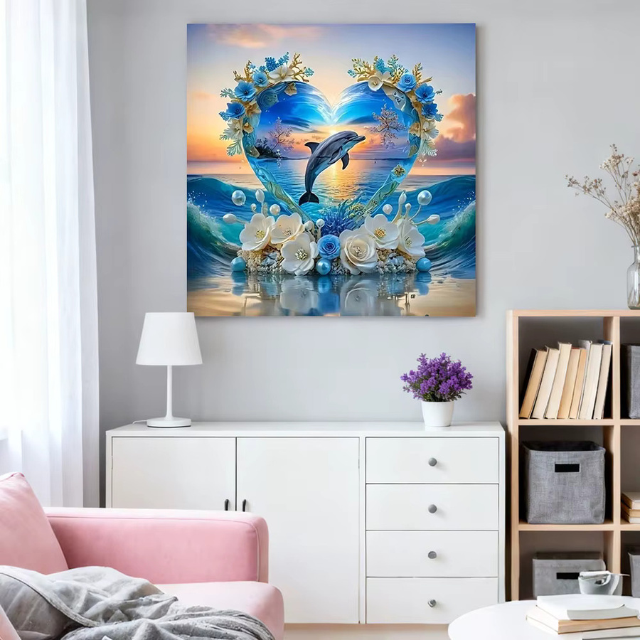 HUACAN Diamant-Mosaik Set Delfin im Meer bei Sonnenuntergang, rundes Diamant-Malerei-Set mit Strasssteinen, Durchmesser: 20 cm - Bild 3