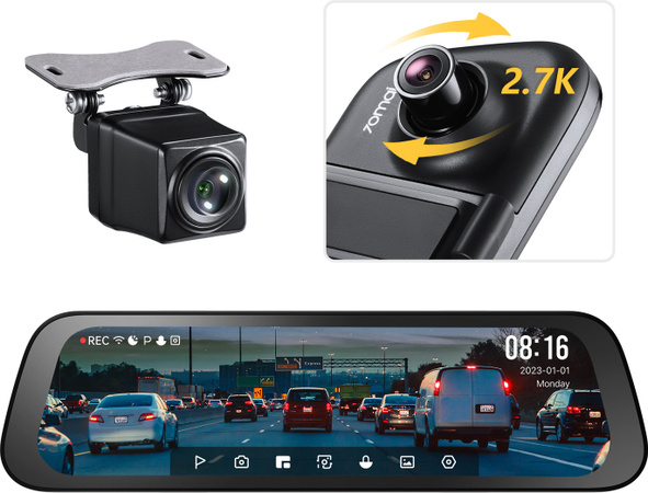 70mai S500 Spiegel Dashcam mit 2.7K Auflösung und 1080P Rückfahrkamera, Dashcam für vorne und hinten mit 9.35 Zoll IPS Touchscreen und 138 Grad Weitwinkel
