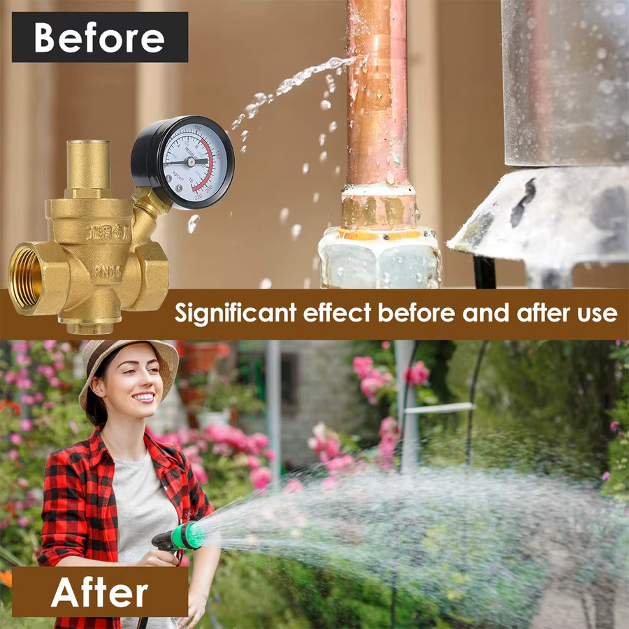 Einstellbarer Wasserdruckregler aus Messing mit Manometer DN20/15 in Gold - Bild 3