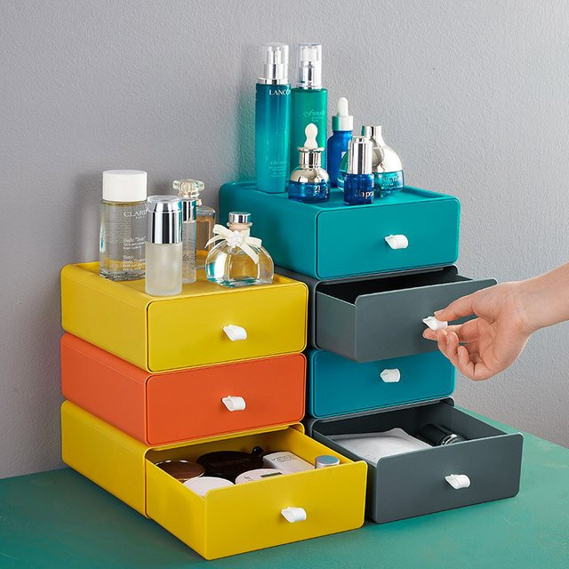 Stapelbare Kunststoff-Aufbewahrungsbox für Schreibtisch und Make-up in Blau und Multicolour - Bild 1