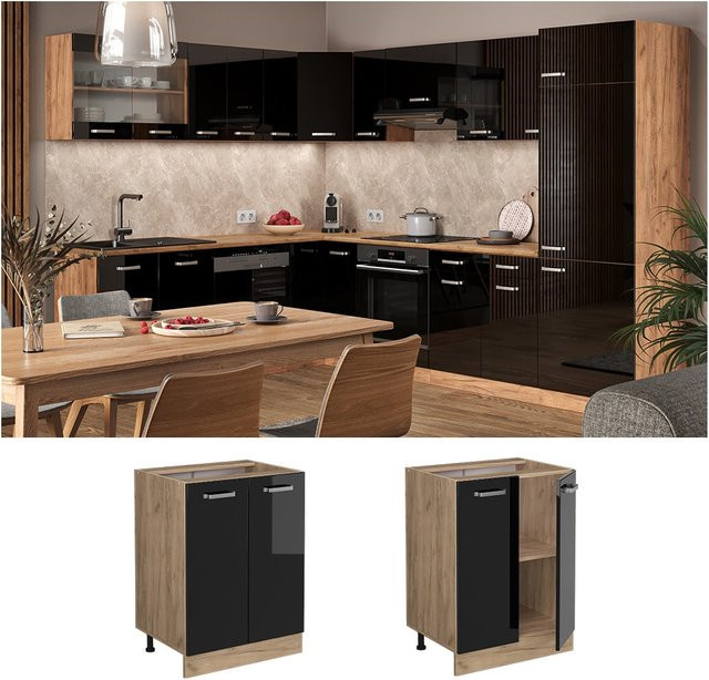 Vicco Küchenunterschrank R-Line in Schwarz und Eiche mit Goldakzenten, Breite: 60 cm - Bild 1