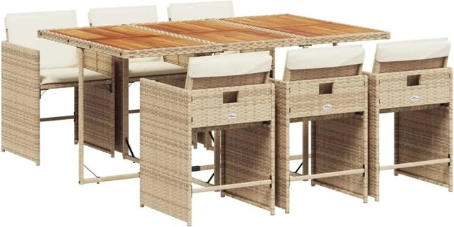 vidaXL 7-tlg Garten-Essgruppe aus PE-Rattan und Akazienholz mit Kissen in Beige, Braun und Cremeweiß - Bild 1