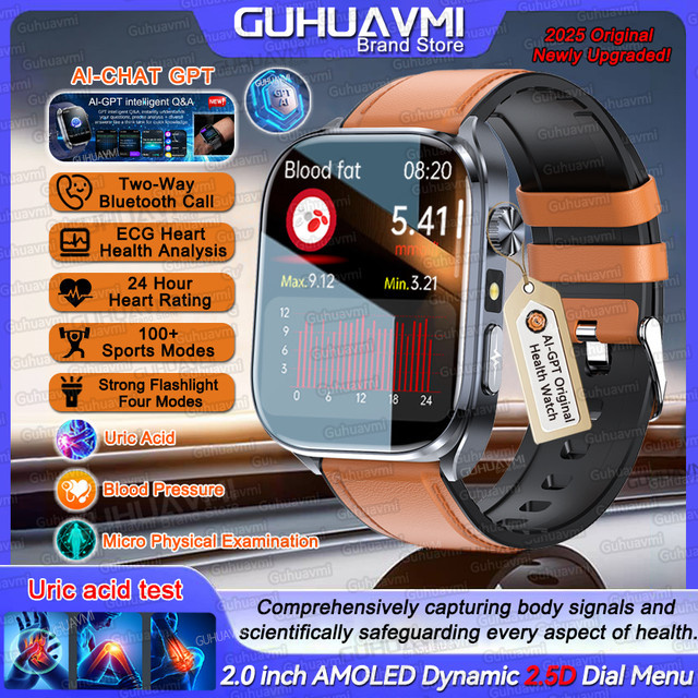 GUHUAVMI Smartwatch mit 2,0 Zoll AMOLED Display für Körperfettanalyse, EKG, Blutdruck und Anruffunktion in Schwarz - Bild 1